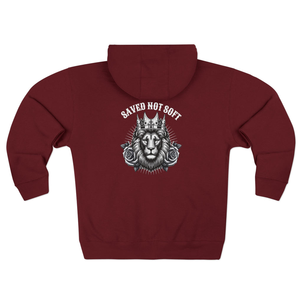 Lion Crown Zip Hoodie — "Saved Not Soft" Back Graphic Christian Streetwear