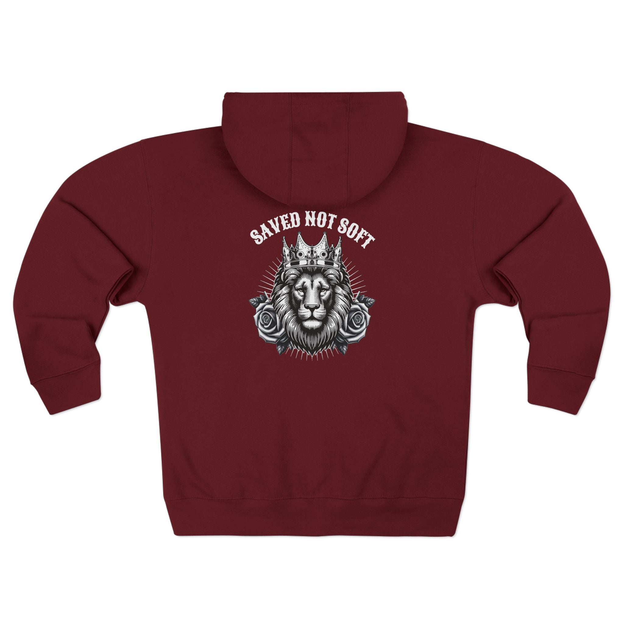 Lion Crown Zip Hoodie — "Saved Not Soft" Back Graphic Christian Streetwear