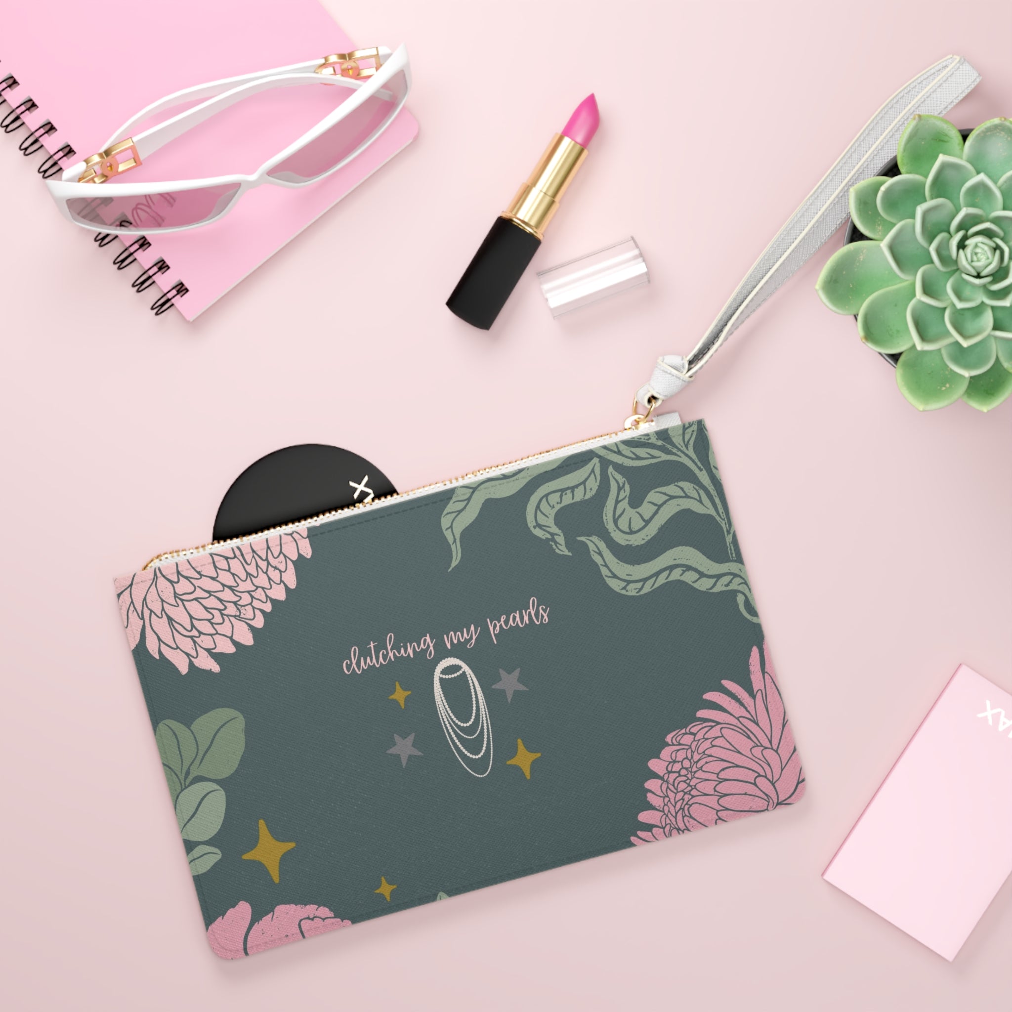 Clutch Bag — 'Clutching My Pearls' Floral Wristlet Clutch