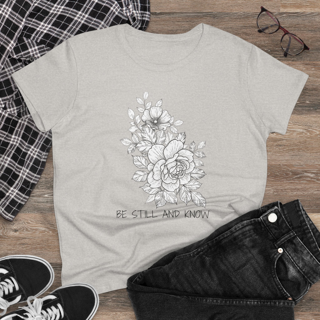 Women's Tee — Floral 'Be Still and Know' Cotton Shirt