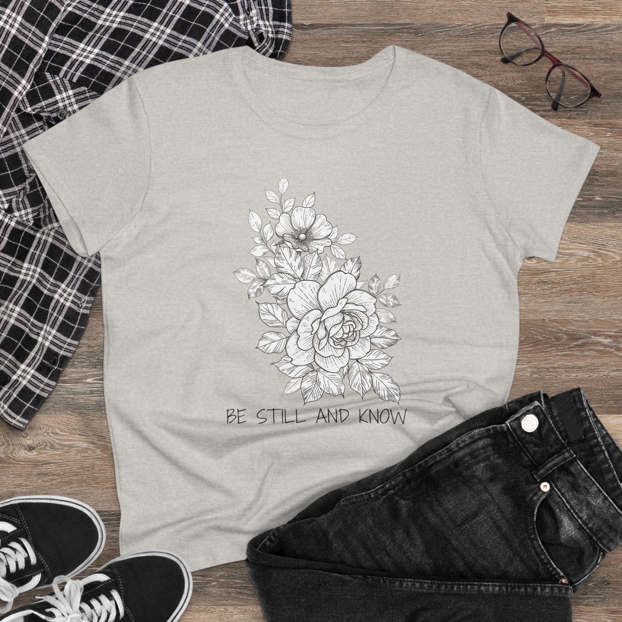 Women's Tee — Floral 'Be Still and Know' Cotton Shirt