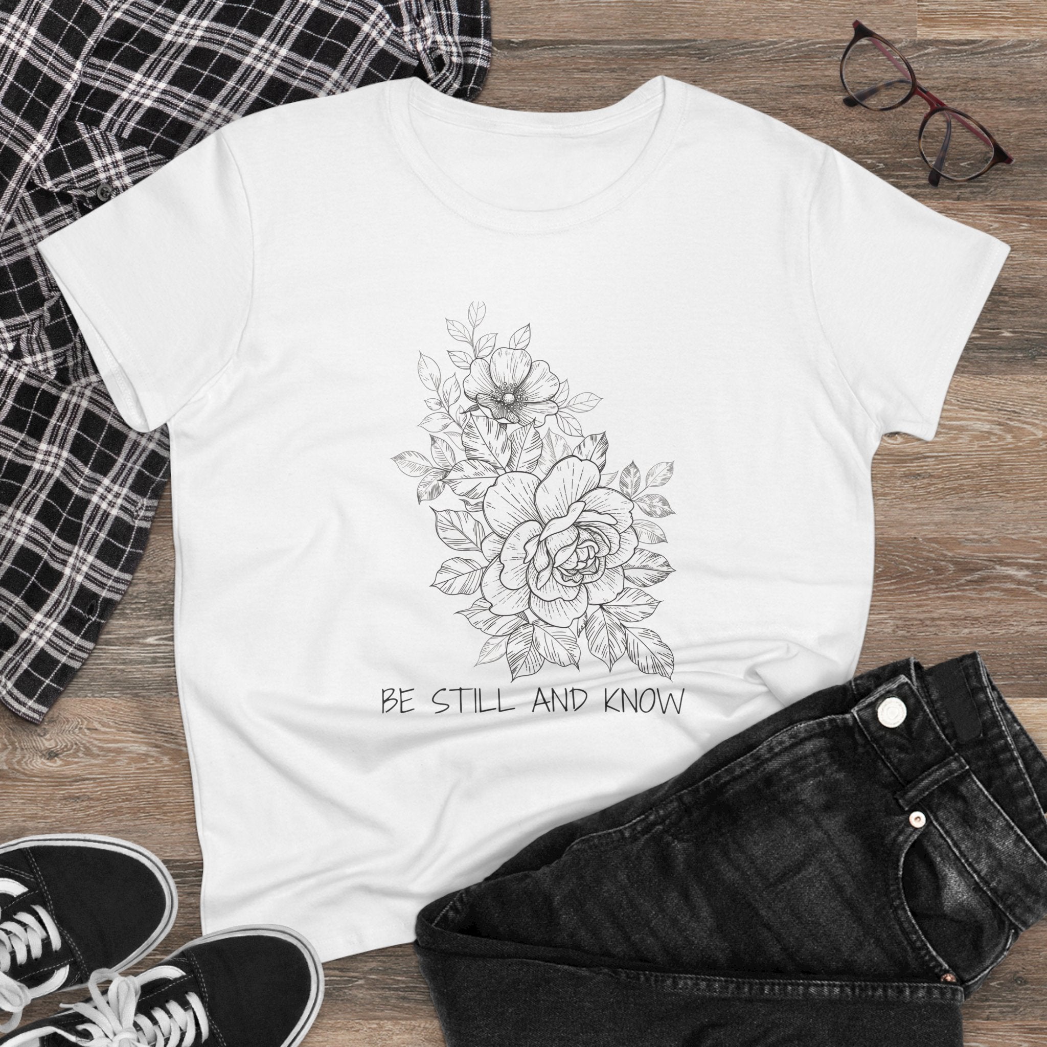Women's Tee — Floral 'Be Still and Know' Cotton Shirt