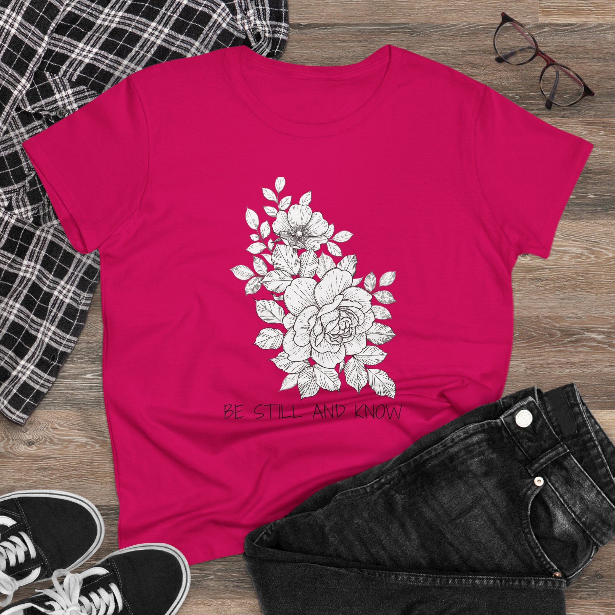 Women's Tee — Floral 'Be Still and Know' Cotton Shirt