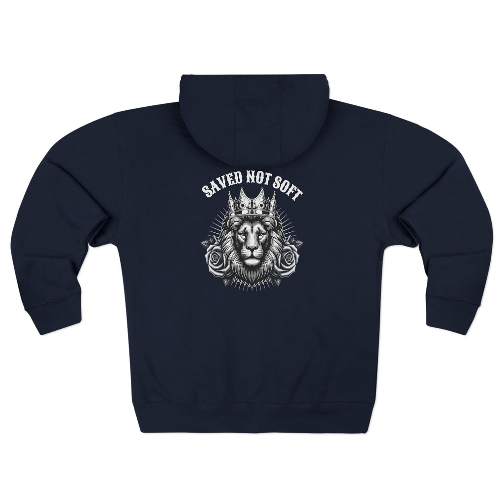 Lion Crown Zip Hoodie — "Saved Not Soft" Back Graphic Christian Streetwear