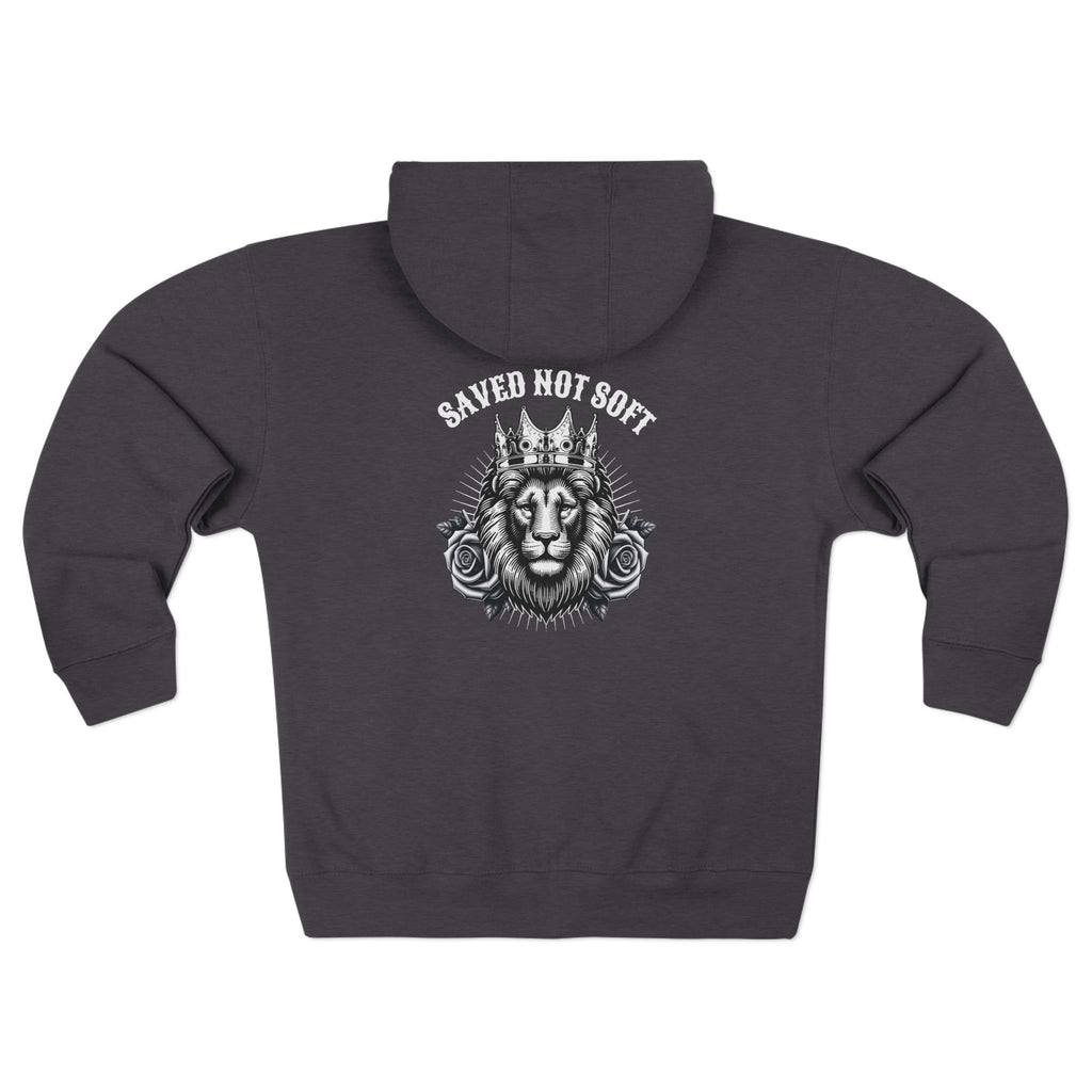 Lion Crown Zip Hoodie — "Saved Not Soft" Back Graphic Christian Streetwear