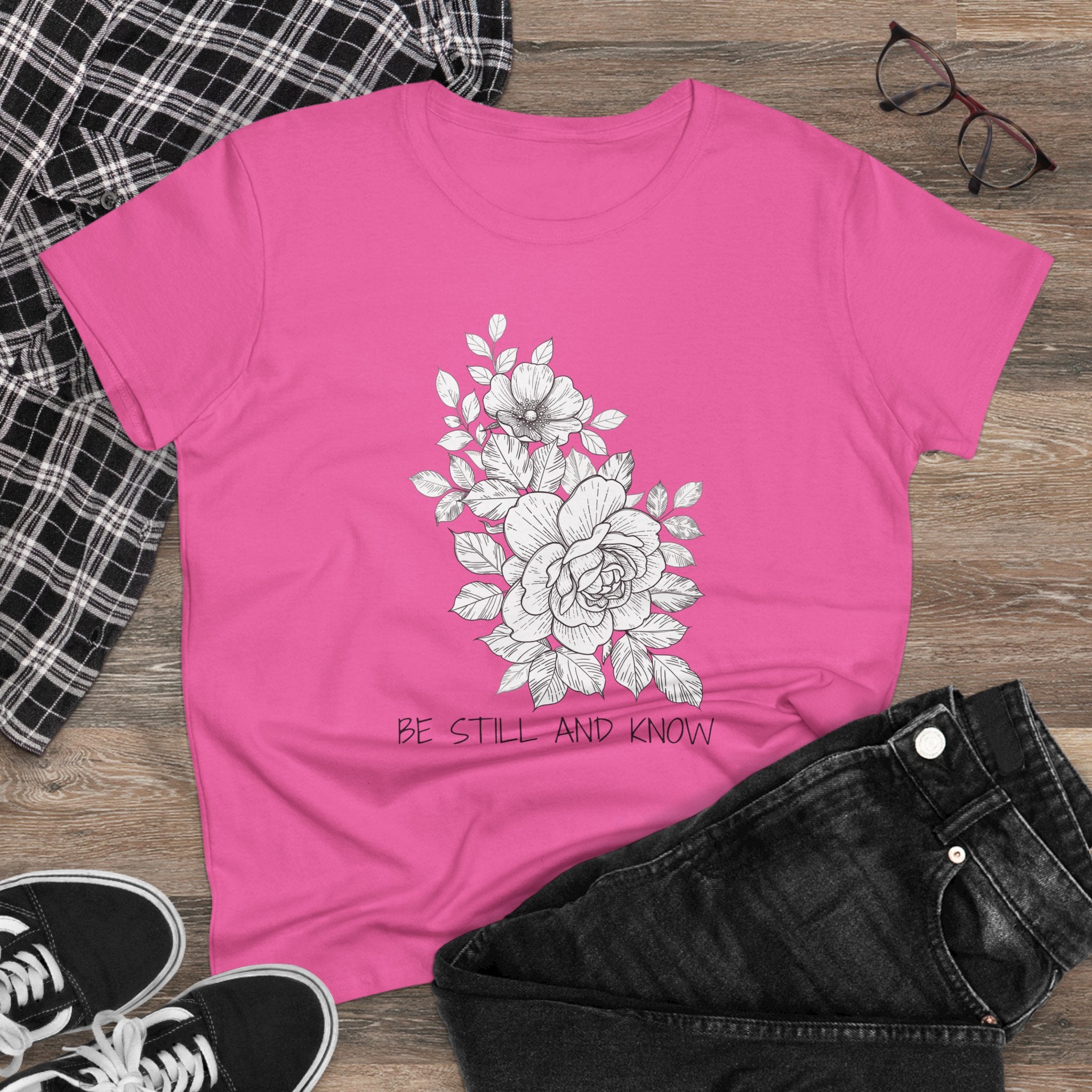 Women's Tee — Floral 'Be Still and Know' Cotton Shirt