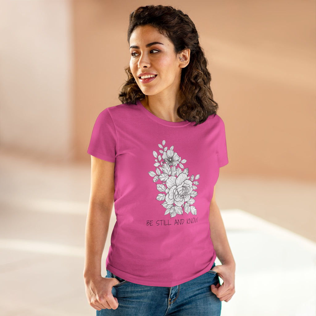 Women's Tee — Floral 'Be Still and Know' Cotton Shirt