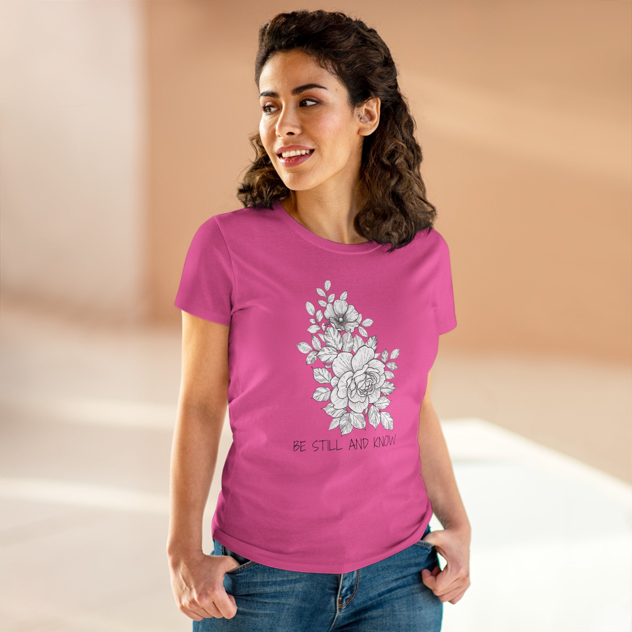 Women's Tee — Floral 'Be Still and Know' Cotton Shirt