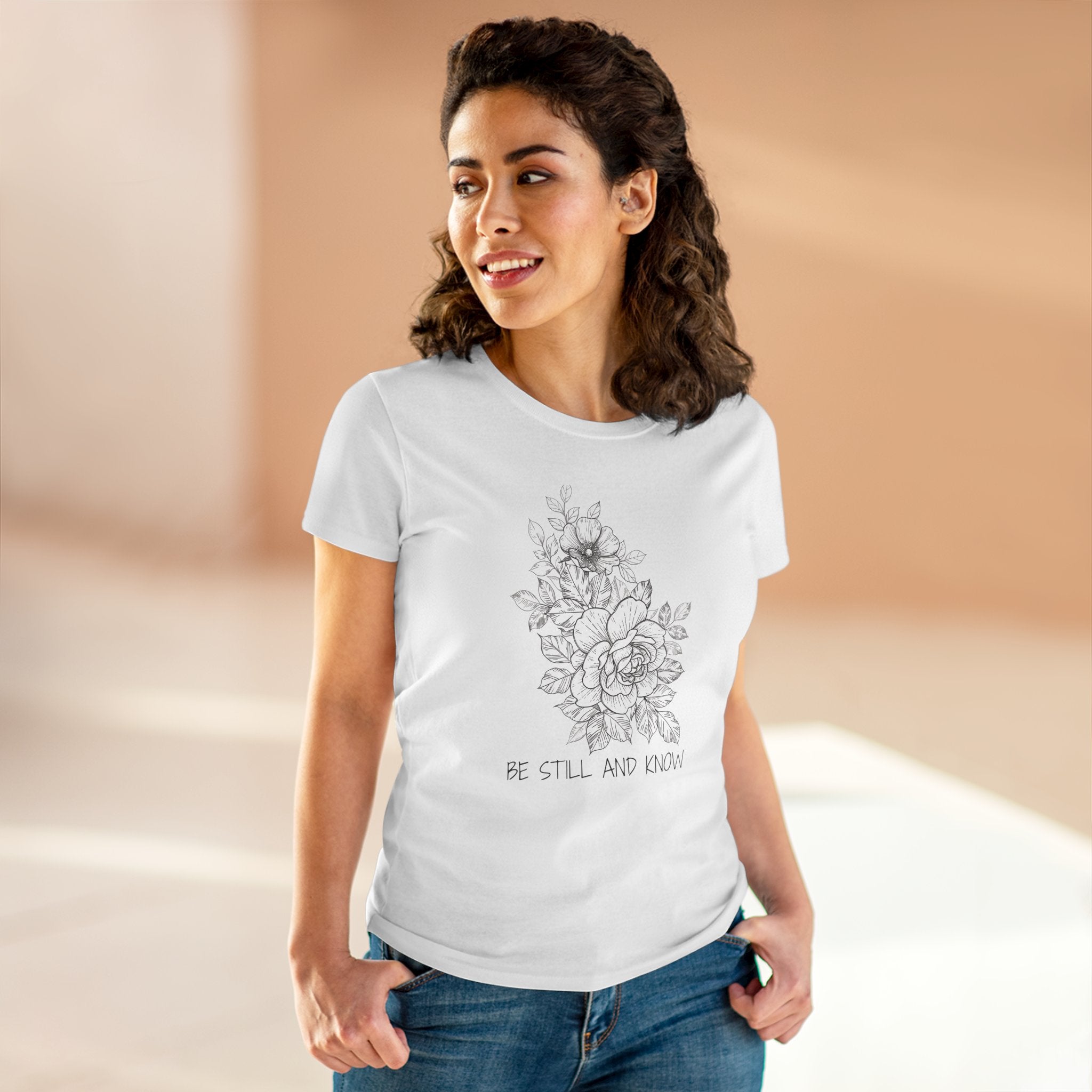 Women's Tee — Floral 'Be Still and Know' Cotton Shirt