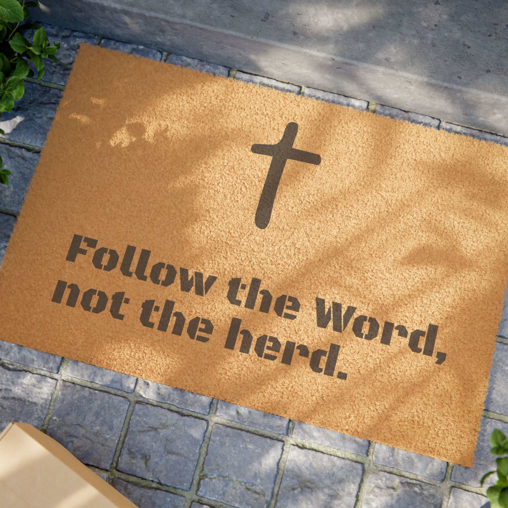 Doormat — "Follow the Word, Not the Herd" Cross Welcome Mat