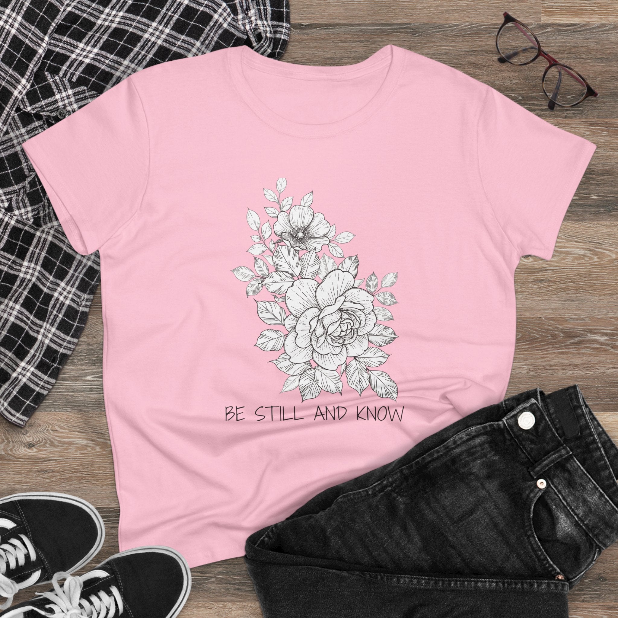 Women's Tee — Floral 'Be Still and Know' Cotton Shirt