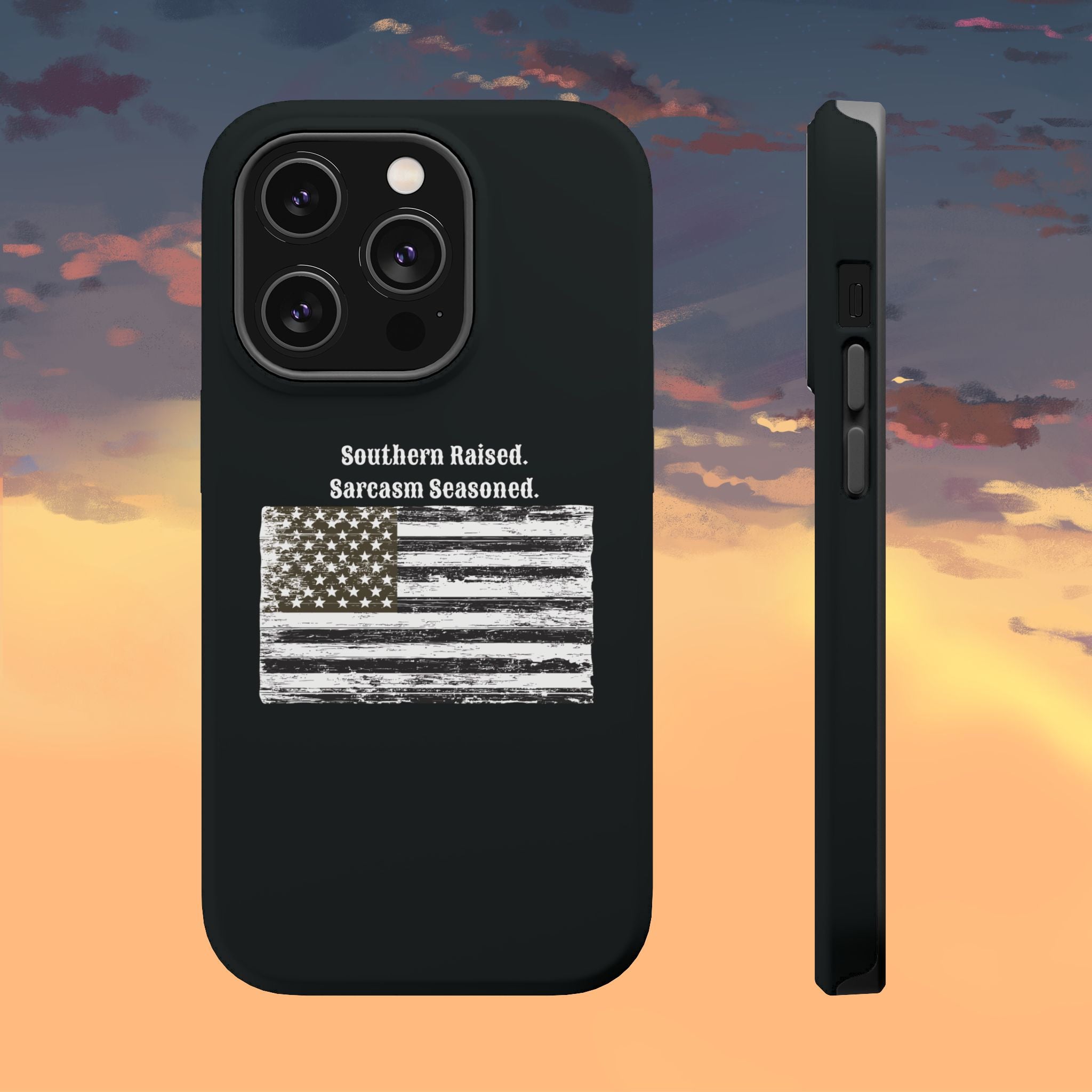 iPhone Case - "Southern Raised. Sarcasm Seasoned." Distressed Flag Magnetic Impact-Resistant Case