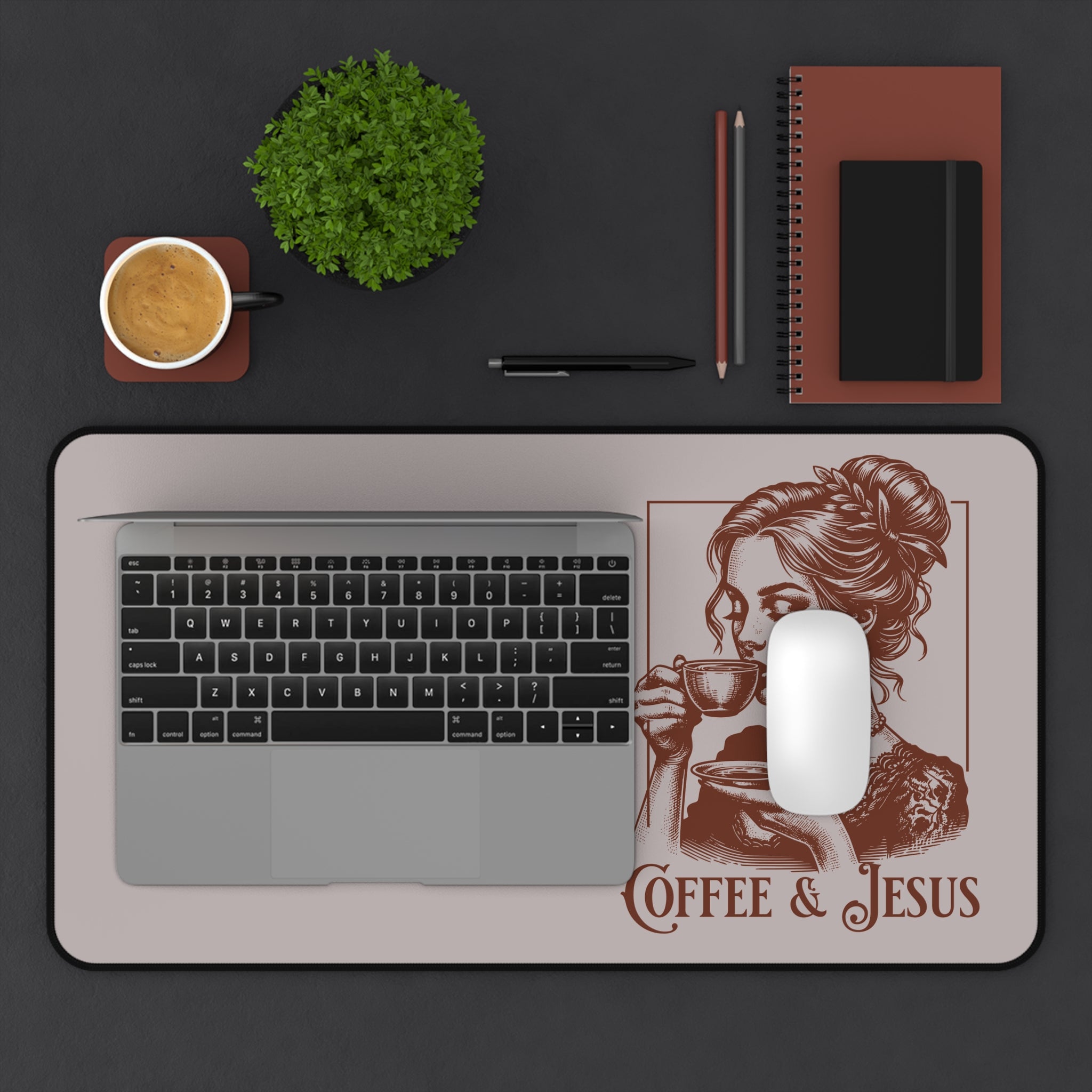 Coffee & Jesus Desk Mat — Faith-Inspired Office Mouse Pad
